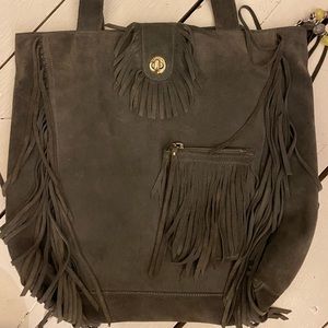 Vintage Sorial leather/suede handbag w/fringe, grey w/leopard print interior.